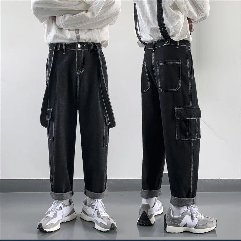 新ファッションメンズジーンズオーバーオールハイストリートストレートルーズデニムジャンプスーツヒップホップ男性貨物よだれかけパンツカウボーイ男性 Jeans Aliexpress