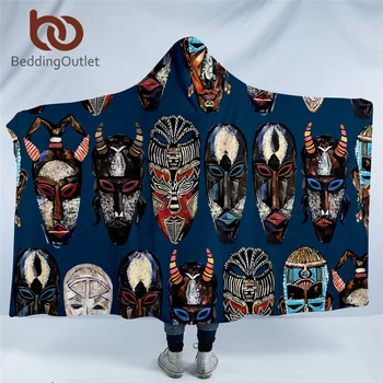 

BeddingOutlet African Hooded Blanket Adults Tribal Totem Sherpa Fleece Blanket Ethnic Mask Wearable Throw Blanket Exotic Bedding