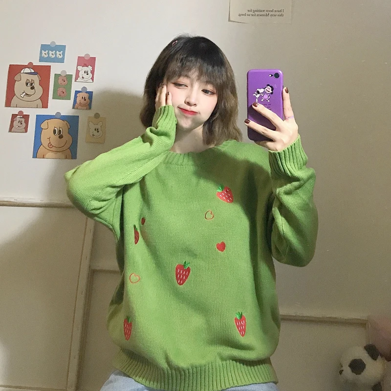 Повседневный свитер с вышивкой клубники, женские свитера, японский стиль Kawaii Ulzzang, Женская Корейская одежда Harajuku, милая одежда для женщин