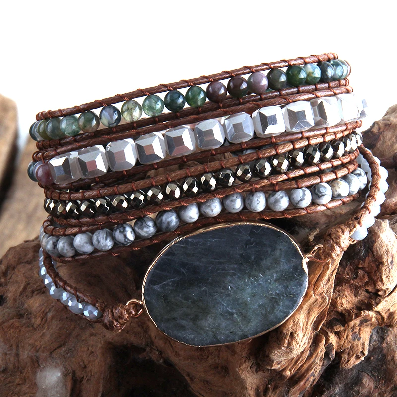 Mode Boho Kralen Armband Handgemaakte Gemengde Natuurstenen & Crystal Stone Charme 5 Strengen Wrap Armbanden Vrouwen Cadeau