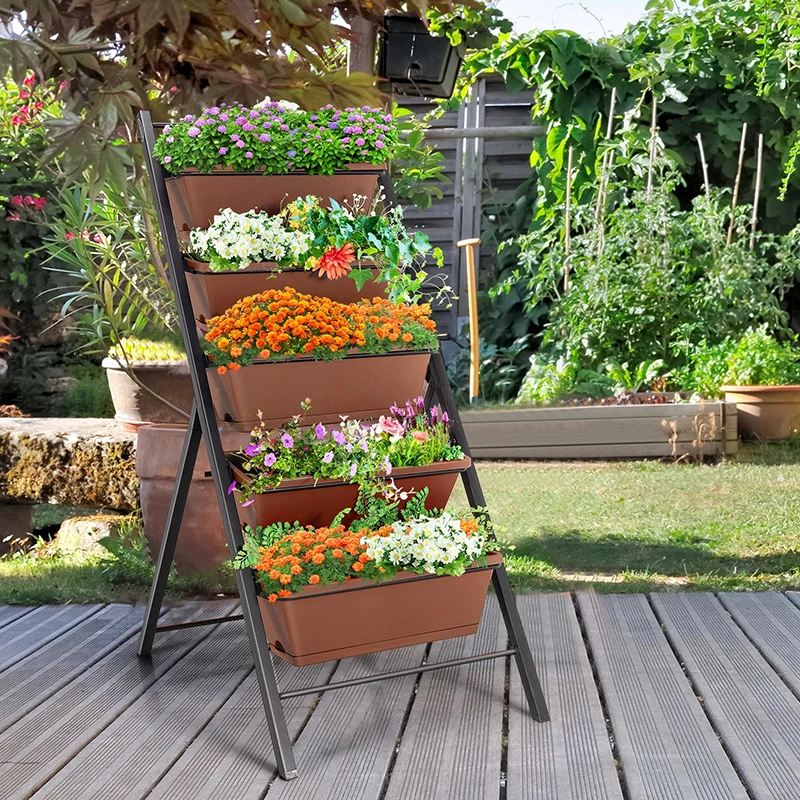 

5-tier Vertical Garden Planter Box Elevated Raised Bed 5 PP Container Box Staby Metal Triangular Structure Garden Plant Shelves