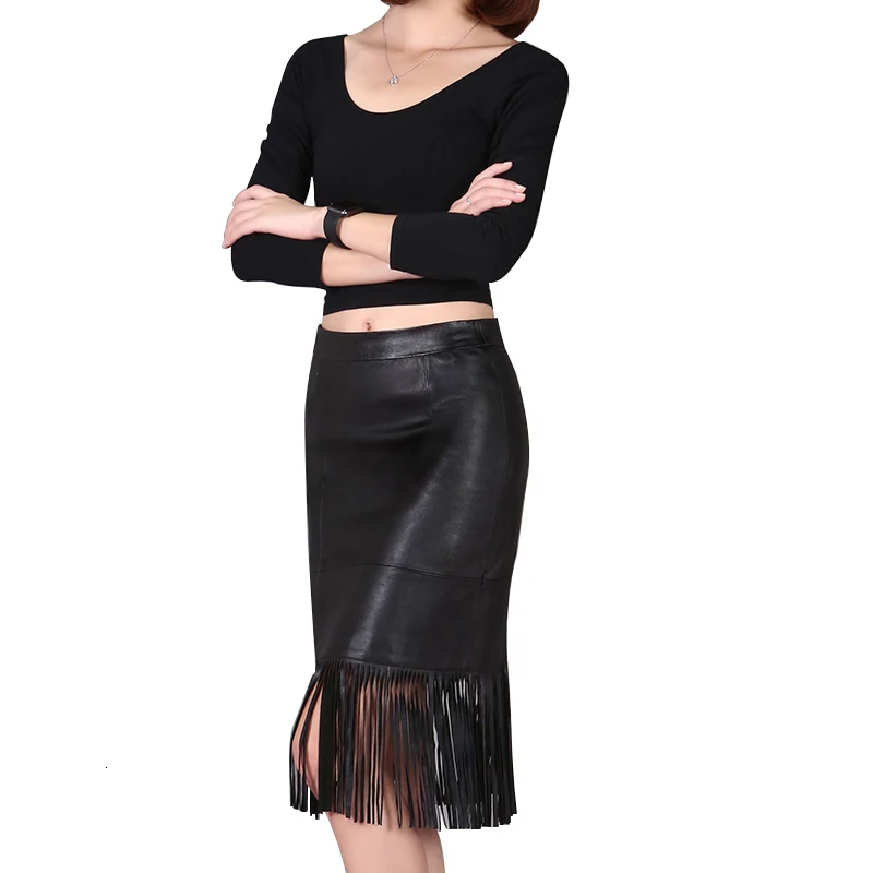 Spring New Fashion Women Tassel Knee Length Skirts Genuine leather Streetwear Casual Solid Blak Natural Sheepskin High Waist - Цвет: 1