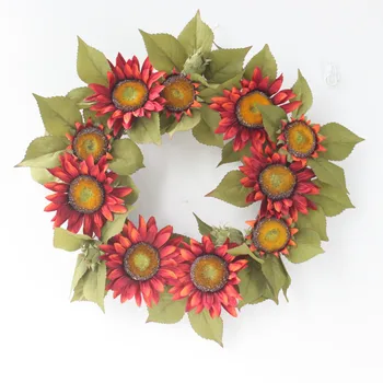 

Red Sunflower with Leaf Christmas Wreath Garland Home Door Window Autumn Artificial Wreath Decoration Halloween Christmas Decor