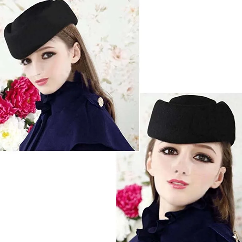 Good Quality Women Wool Cap Stewardess Pillbox Hat Felt Beret Teardrop Fascinator Base Sweet Design 2