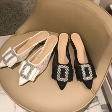 MONMOIRA Kitten Heel Luxury Rhinestone Women Mules Sexy Pointed Toe Heels Shoes Women Elegant Lace Wedding Shoes for Women E0757