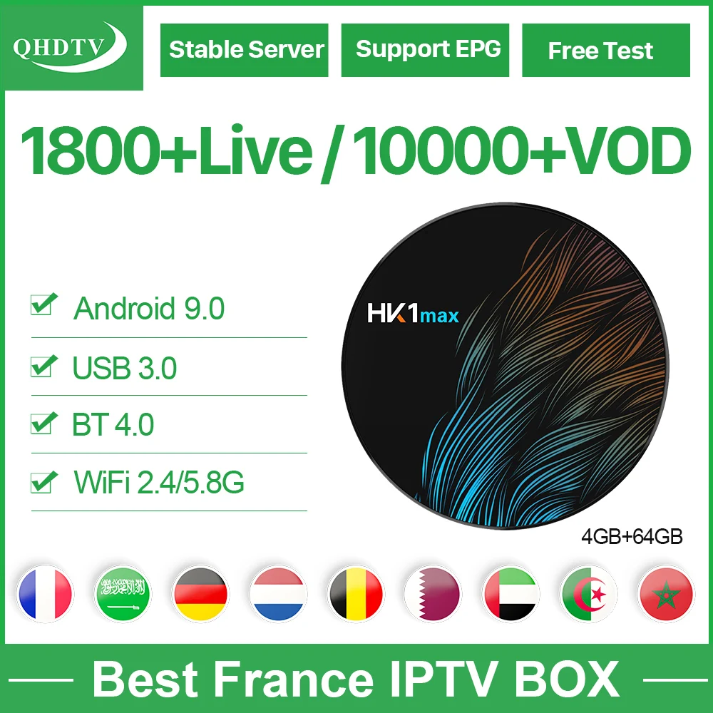 

France Arabic IPTV HK1 MAX Android 9.0 RK3328 4G 64G Code IPTV Subscription French Belgium Qatar Algeria 1 Year Subscription