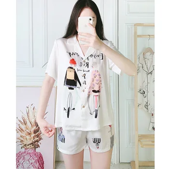 

Women's Pajamas Summer Short Sleeve Ins Wind Cute Cartoon Female Silk Loose Clothing Suit Pyjamas Sleepwear Pijama Mujer