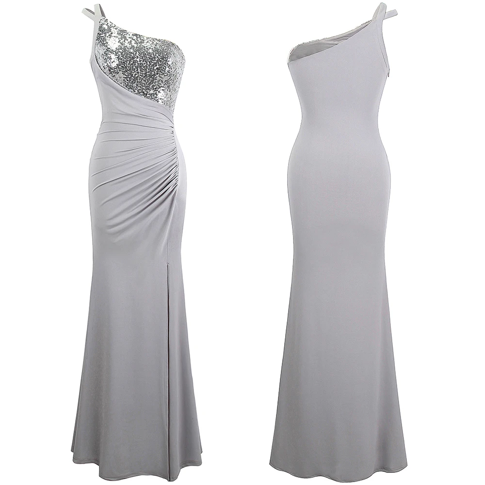 

Женское длинное платье с блестками Angel-fashions, длинное платье в пол без рукавов, на бретелях-спагетти, с одним открытым плечом, с оборками, модель