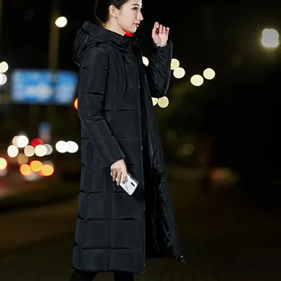 Корейские длинные пуховые пальто для женщин, зимние повседневные пальто размера плюс на молнии с капюшоном, M-6XL пуховик, Женская офисная одежда, утолщенная модная верхняя одежда - Цвет: black