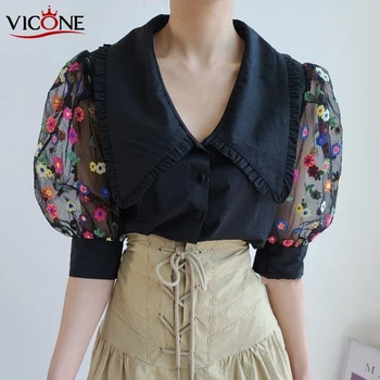 

VICONE Korean Chic Gentle Retro Doll Collar Single Breasted Stitching Mesh Embroidered Daisy Puff Sleeve Shirt Women