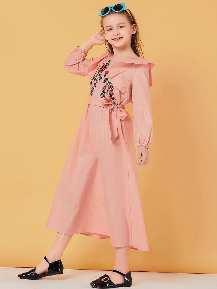 Розовые вечерние платья с вышивкой на шнуровке с длинными рукавами для девочек; платье принцессы на свадьбу; мусульманская одежда для девочек 10-12 лет