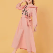 Розовые вечерние платья с вышивкой на шнуровке с длинными рукавами для девочек; платье принцессы на свадьбу; мусульманская одежда для девочек 10-12 лет