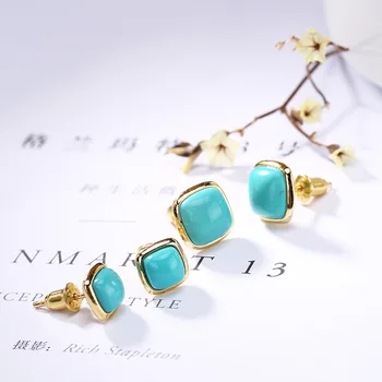 

S925 Sterling Silver Jewelry Gold-Plated Womens Earrings Inlaid Turquoise Earrings Vintage Square Women's Stud Earrings