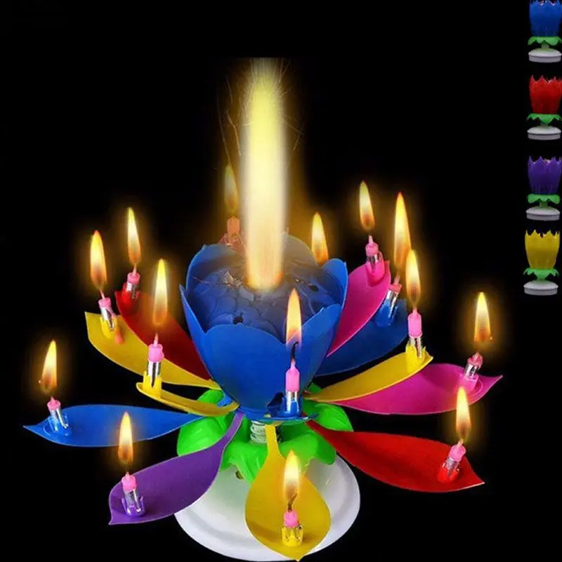 Outdoor Candlelight Cake Candle Light Lotus Flower Music Candles Christmas Festival Wedding Party DIY Cake Decoration Kids Gift-Blue