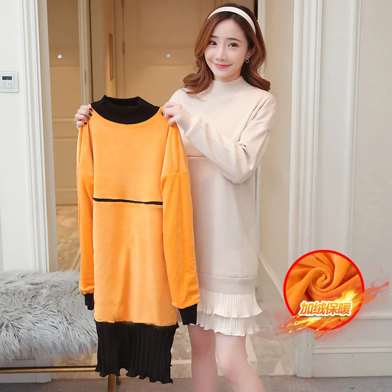 

2019 Autumn And Winter plus Velvet Base Shirt Sweater Dress Mid-length Loose-Fit over-the-Knee Knit Base Nursing Dress