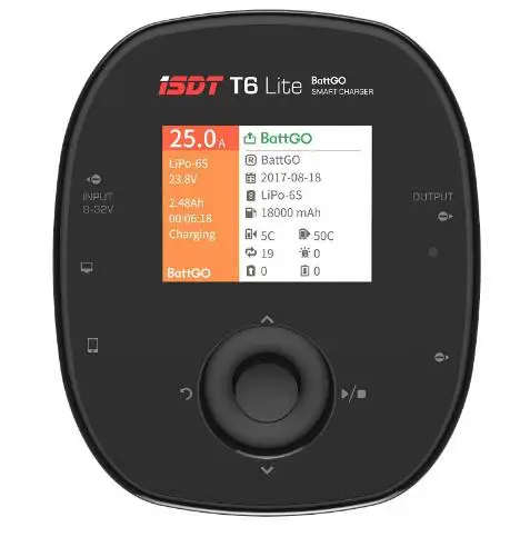 

Hot ISDT T6 Lite 600W T6 780W T8 1000W 25A Smart Battery Balance Charger for 2S-6S Lipo Battery English language version