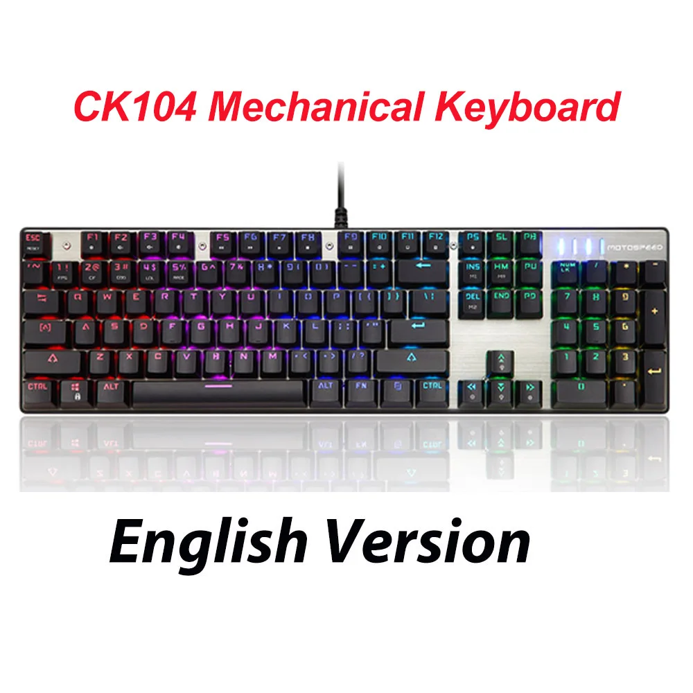CK104 English Black Игровая клавиатура MOTOSPEED CK104, русская/англий/ английская механическая клавиатура, синий/красный переключатель, металлический ключ, светодиодный RGB/клавиатура с подсветкой для геймера - Цвет: CK104 English Black