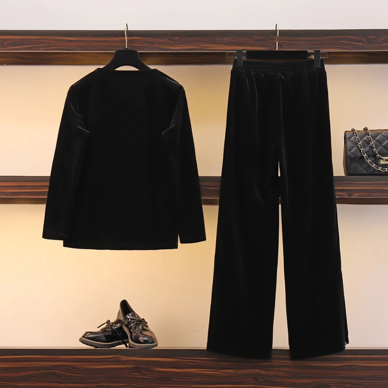 Осенне-зимний женский Повседневный теплый спортивный костюм из двух предметов, спортивный костюм, плюс размер, фуфайка с кисточками+ тонкие широкие брюки, черный комплект из 2 предметов