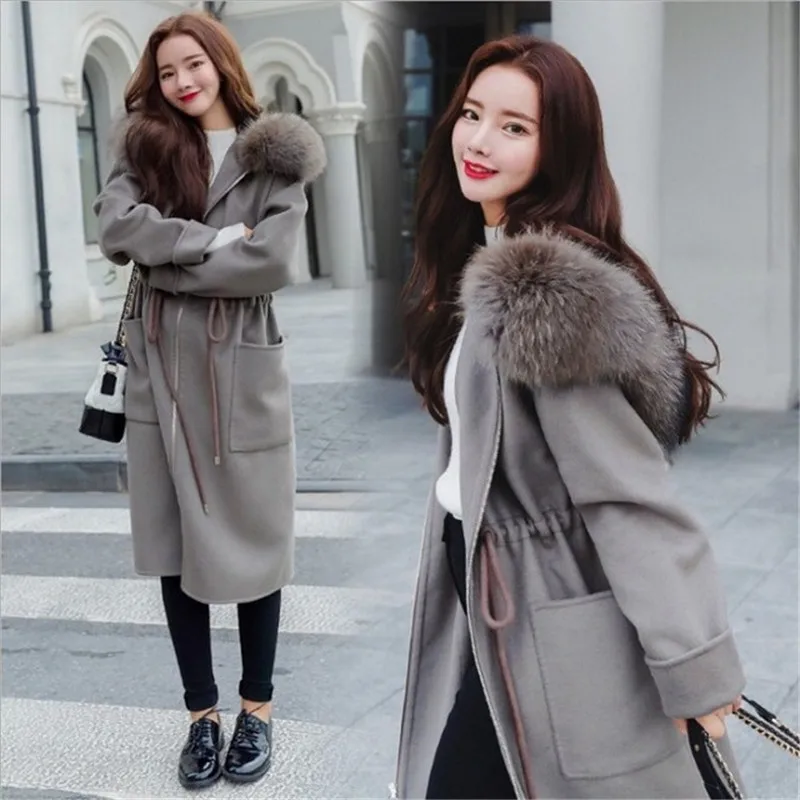 Корейское шерстяное пальто средней длины с капюшоном, кружевная Повседневная ветровка, Осень-зима, большой размер, свободная повседневная верхняя одежда, студенческий стиль A92