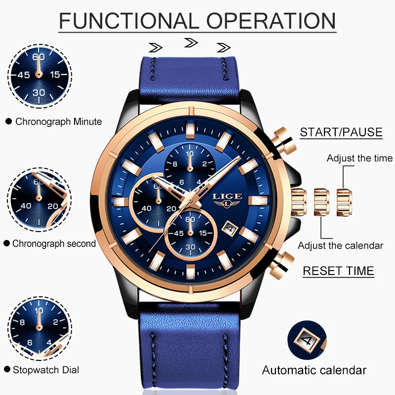 Billig LIGE Casual Sport Uhren Für Männer Blau Top Marke Luxus Military Leder Armbanduhr Mann Uhr Mode Chronograph Armbanduhr