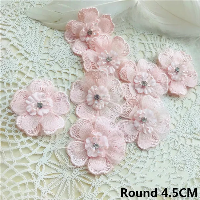 

3PCS Luxury Pink Organza 3d Flowers Fabric Lace Trim Applique Rhinestone Beads Sew Cloth Wedding Guipure Dress DIY Sewing Decor