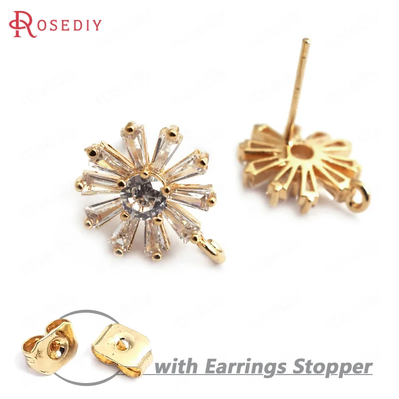 

(34965)4PCS 12MM 24K Gold Color Brass with White Zircon Snowflake Stud Earrings High Quality Diy Accessories Jewelry Findings