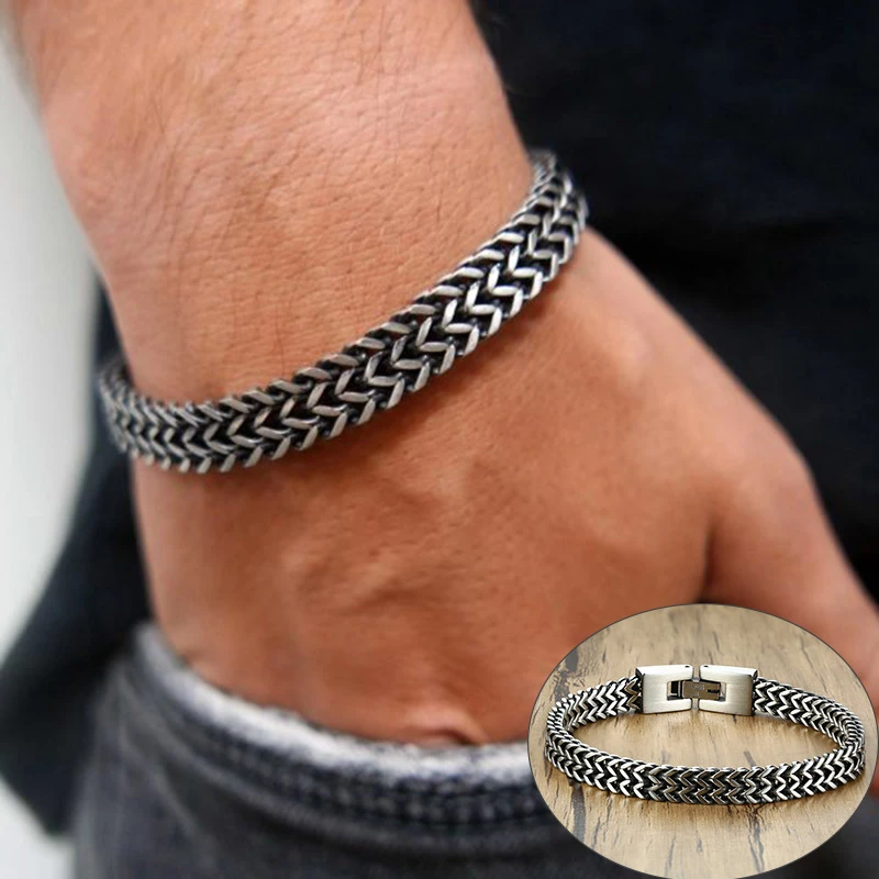 Pulseras de cadena de doble curva oxidada para hombre, acero inoxidable, Punk, Cubic Foxtail, Vintage|Brazaletes de cadena y enlaces| - AliExpress