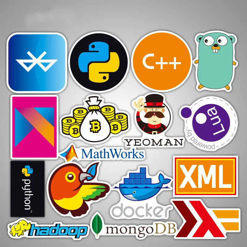 108 Pcs Internet Java Sticker Geek Programmer Php Docker Html Bitcoin Cloud C++ Programming Language for Laptop Car DIY Stickers