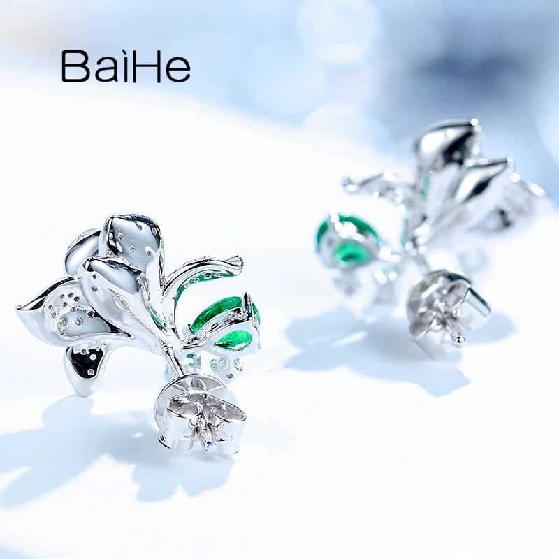 BAIHE Solid 14 К белого золота 0.40ct натуральный изумруд серьги для женщин 0.27ct