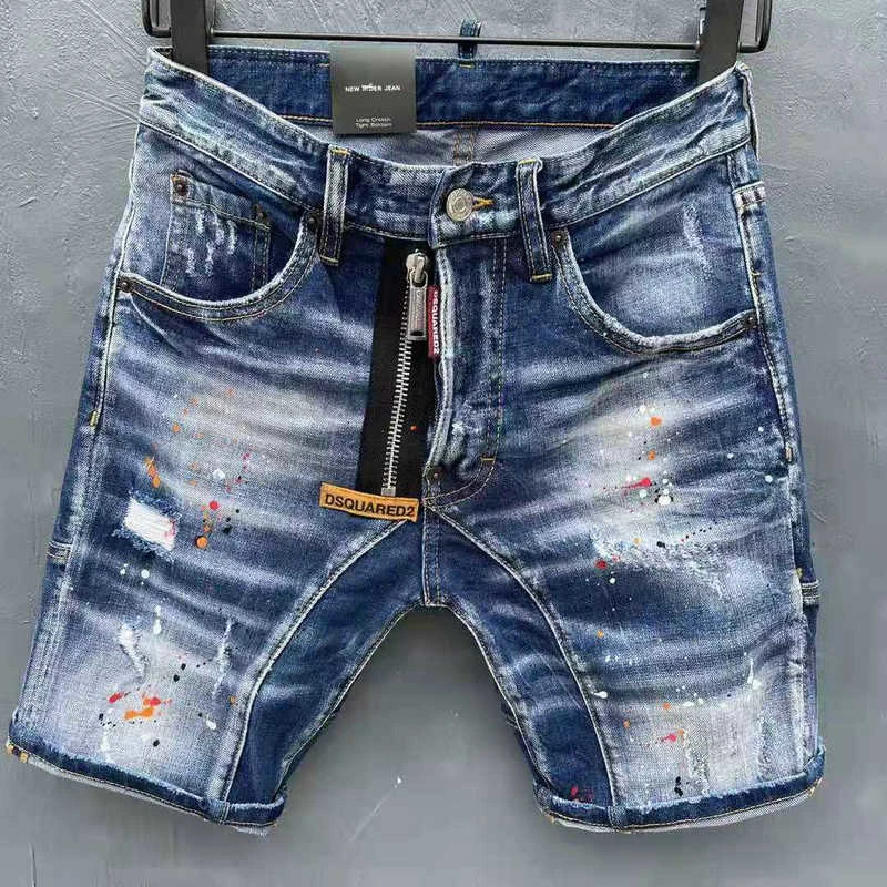 suizo Peticionario Falsificación Dsquared2 pantalones cortos de mezclilla para hombre, con pintura de moda,  Parche de agujero roto de tinta, cremallera, pantalones cortos ajustados de  cinco puntos|Pantalones cortos| - AliExpress