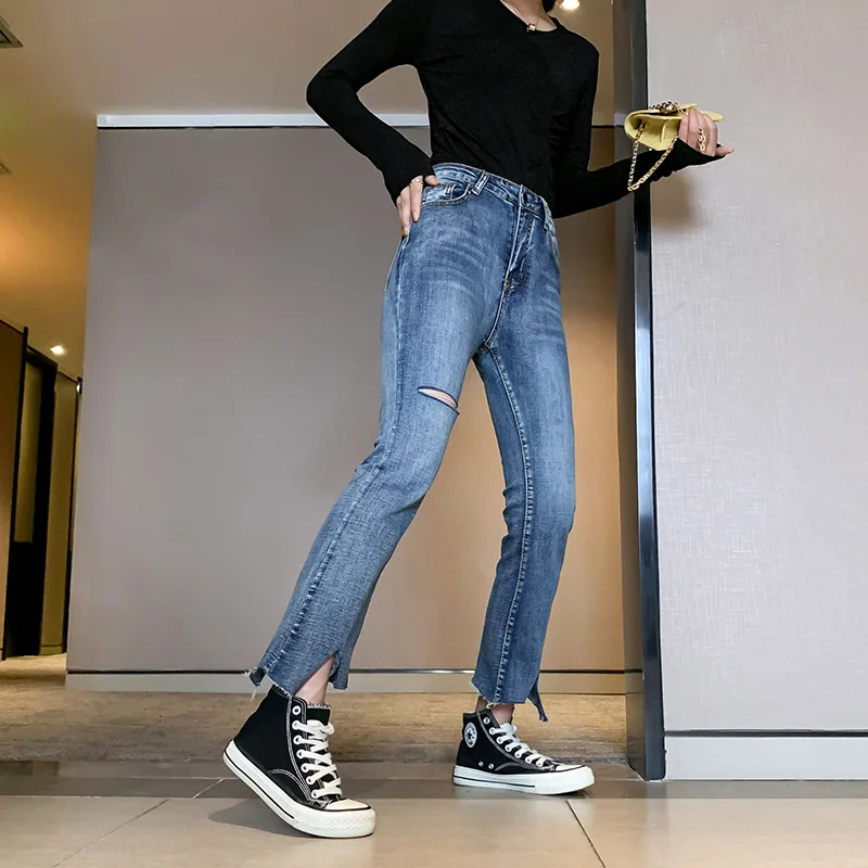 

Autumn 2019 Pants New Women's Clothes Retro High-waist Slim Hair-trimmed Microbell Pants Jeans Women Pants