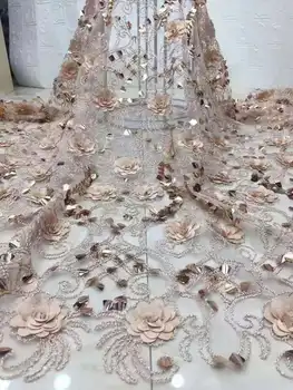 

JOY-620 embroidered net lace fabric with sequins Beautiful french lace with 3d flower For Women Long Evening Dress New Design