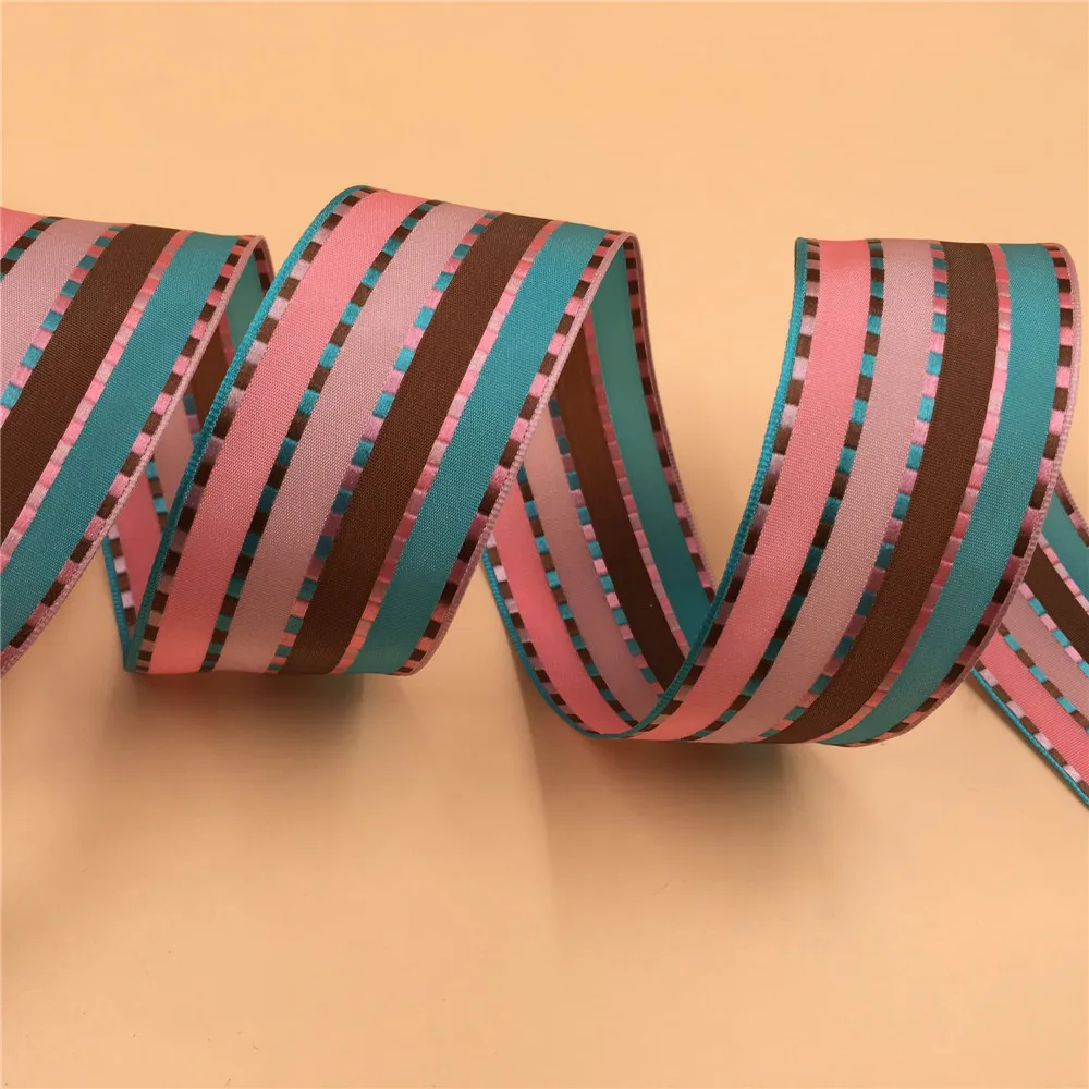 

38MM 25yards Wired Edge Stitched Line Stripes Taffeta Ribbon for Festival Christmas Decoration New Year Gift Wrapping N1041