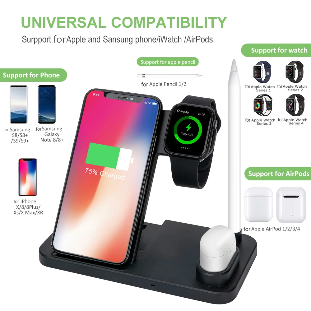 Cena DCAE 10W bezprzewodowa ładowarka qi 4 W 1 ładująca stacja dokująca dla iPhone 11 XS XR X 8 Airpods Apple zegarek 5 4 3 2 dla Samsung S10 S9