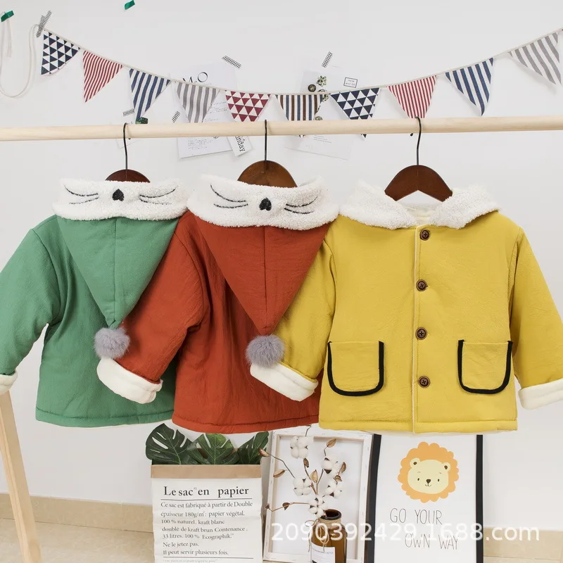 

Childrenswear 2019 Autumn And Winter Children Baby Cute Cat Furry Ball Double Layer Coat Thick Hoodie