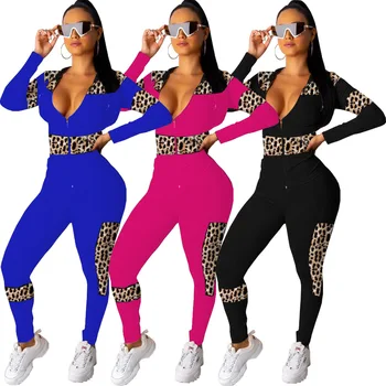 

jumpsuit women's long sleeve sexy v neck Leopard print Outfits Casual Hoode lounge wear tight fashion in autumn