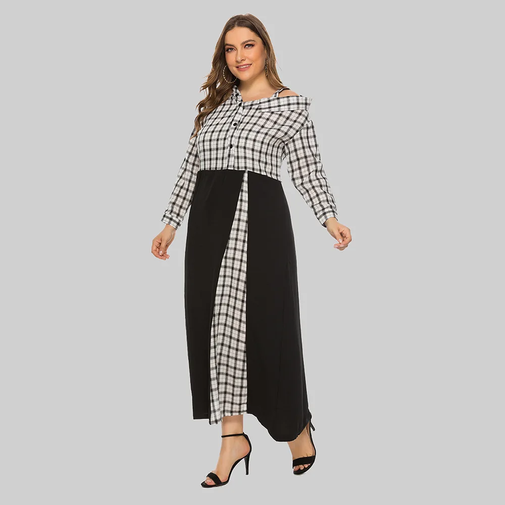 

Fashion Summer Plus Size Plaid Beach Loose Long Women Dress Large 4xl High Quality Maxi Button Asymmetrical Long Sleeve Dress