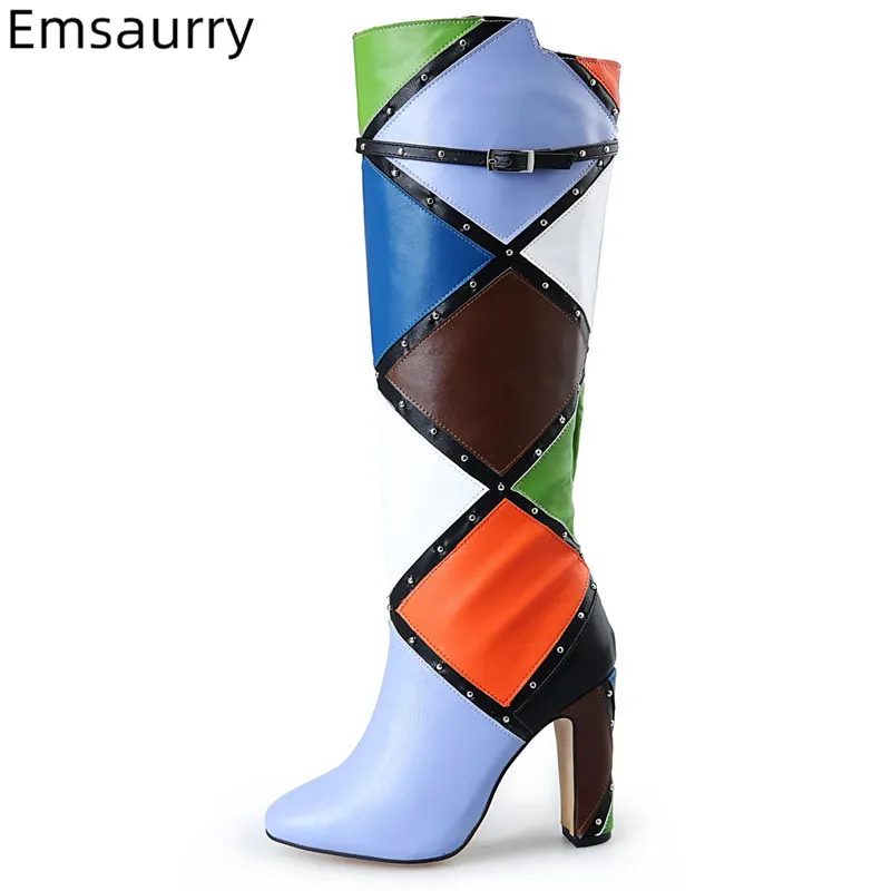 

2019 Autumn Boots Woman Round Toe Chunky High Square Heel Ladies Party Shoes Fashion Colorful Patchwork Long Boots Woman Mujer