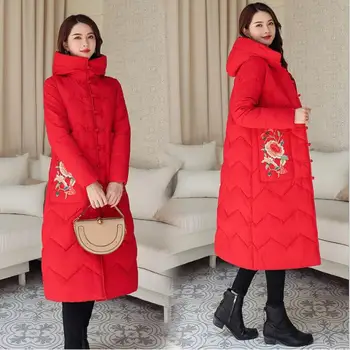 

2019 Winter Hooded Parkas Long Sleeve Cotton Padded Embroidery Parkas Jacket Coats Slim Fit Medium Long Overcoats Plus Size