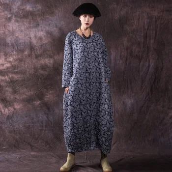

Japan style vintage Cotton Long Maxi Dresses women Fllower print loose autumn winter long sleeve dress elegant vestido mujer
