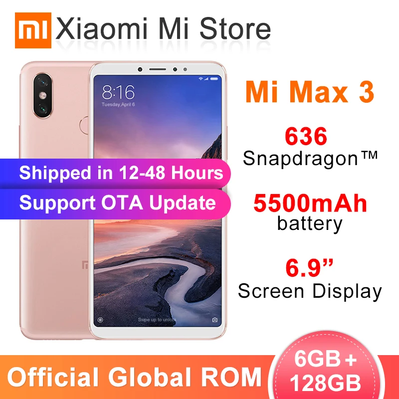 

Xiaomi Mi Max 3 6GB RAM 128GB ROM Mobile Phone Snapdragon 636 Octa Core 6.9'' Full Screen 5500mAh 12MP+5MP B4 B20