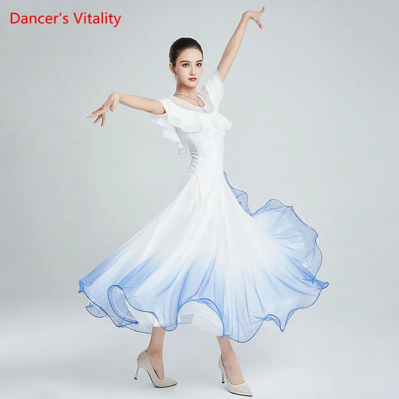 

Платье для бальных танцев Waltz, шелковая юбка с широкой юбкой, одежда для выступлений, женская одежда с короткими рукавами для профессиональных соревнований