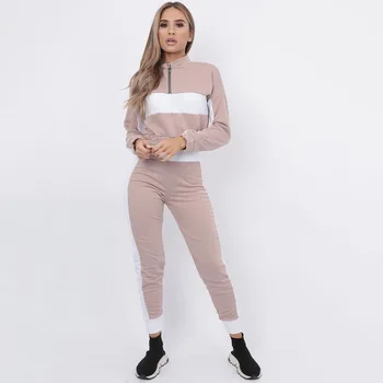 

2019 Autumn Winter Stitching Contrast Color Turtleneck Sweatshirt High Waist Casual Pants Suit Tracksuit Women Roupas Feminina