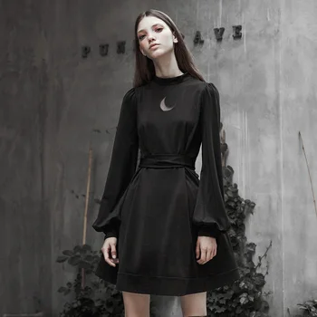 

PUNK RAVE Women High Collar Collect Waist Dress Knit Belt Collect Waist Pleated Hollow Sexy Retro Lantern Sleeve Dress