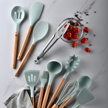 

11PCS Cooking Utensils Silicone Nonstick Cookware Wooden Handle Kitchen Utensil Set With Holder Kitchen Gadgets Kitchenware Set