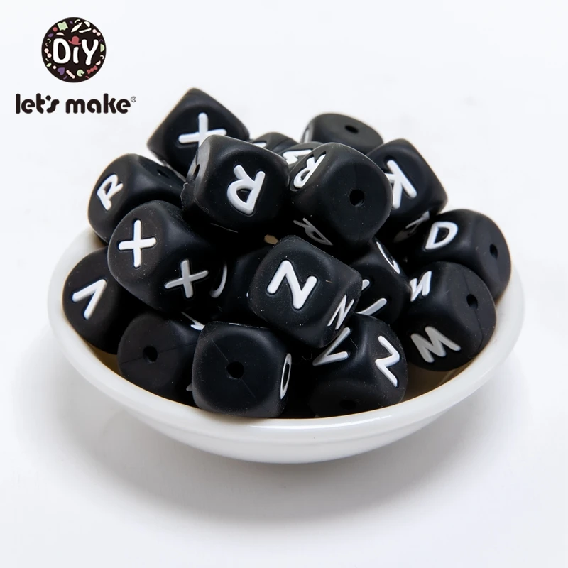 Faisons 500pc noir Silicone Alphabet lettre perles 12mm BPA Fress Silicone dentition bricolage dentition collier perle soins infirmiers pendentif (lot de 500)