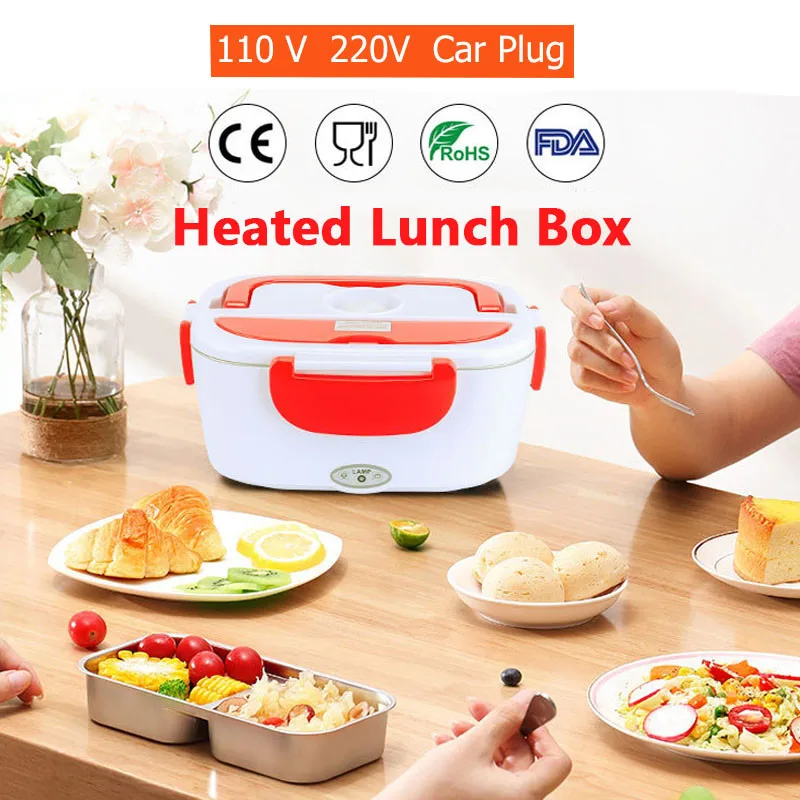 

12V-24V 110V 220V Electric Heated Lunch Box Portable 2 in 1 Car& Home US Plug/EU Plug Bento Boxes Stainless Steel Food Container