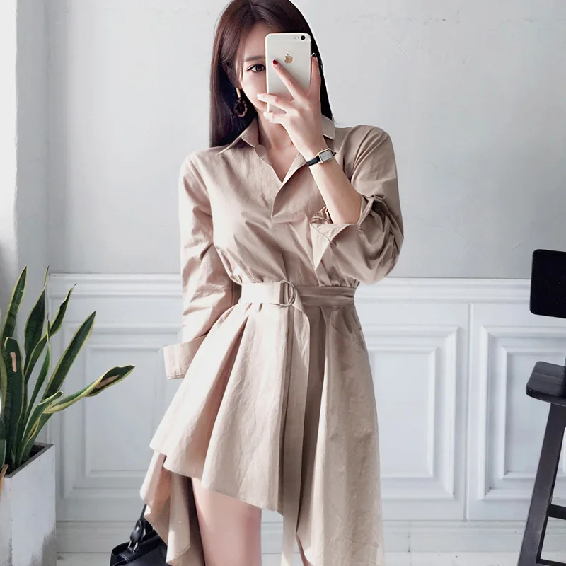 

2019 Autumn New Style Korean-style Waist Hugging Lace-up Irregular Elegant Short Dress Short-height Women's Shirt Skirt
