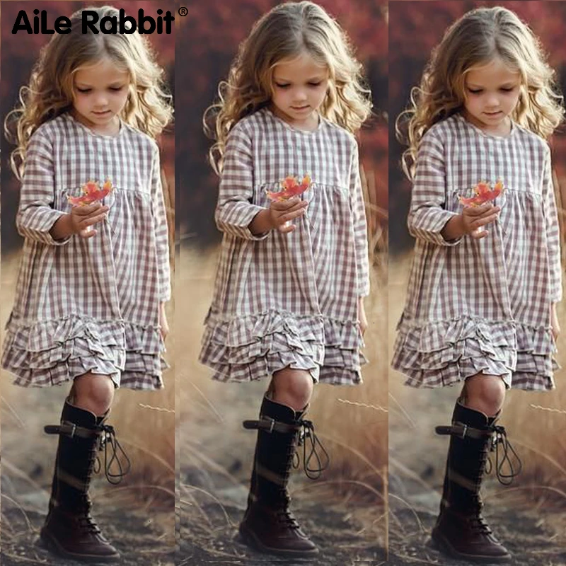 2019 Girls Fashion Plaid Dress New Arrival Autumn Long Sleeve Princess For CU 3-12 INS Style Ruffled Squares Apparel | Детская одежда и