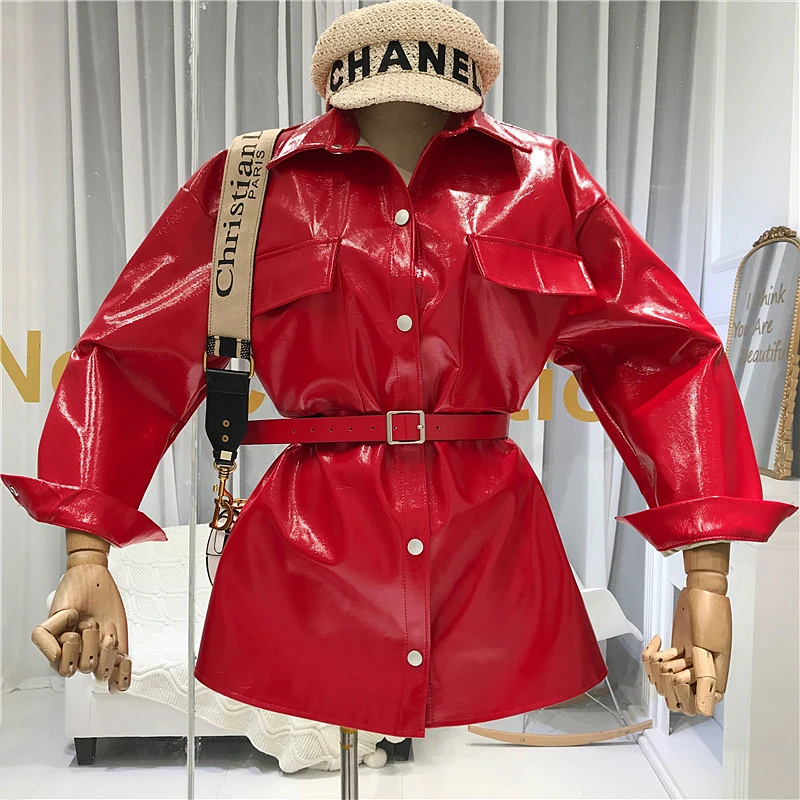 PU Jacket Women Autumn 2019 New Designer's Eye-catching Belt-tied Bright Leather Garment Mid-long Coat | Женская одежда